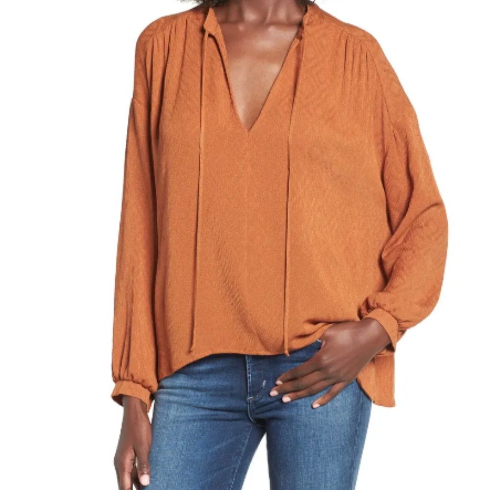 Lush Tie Neck Jacquard Blouse